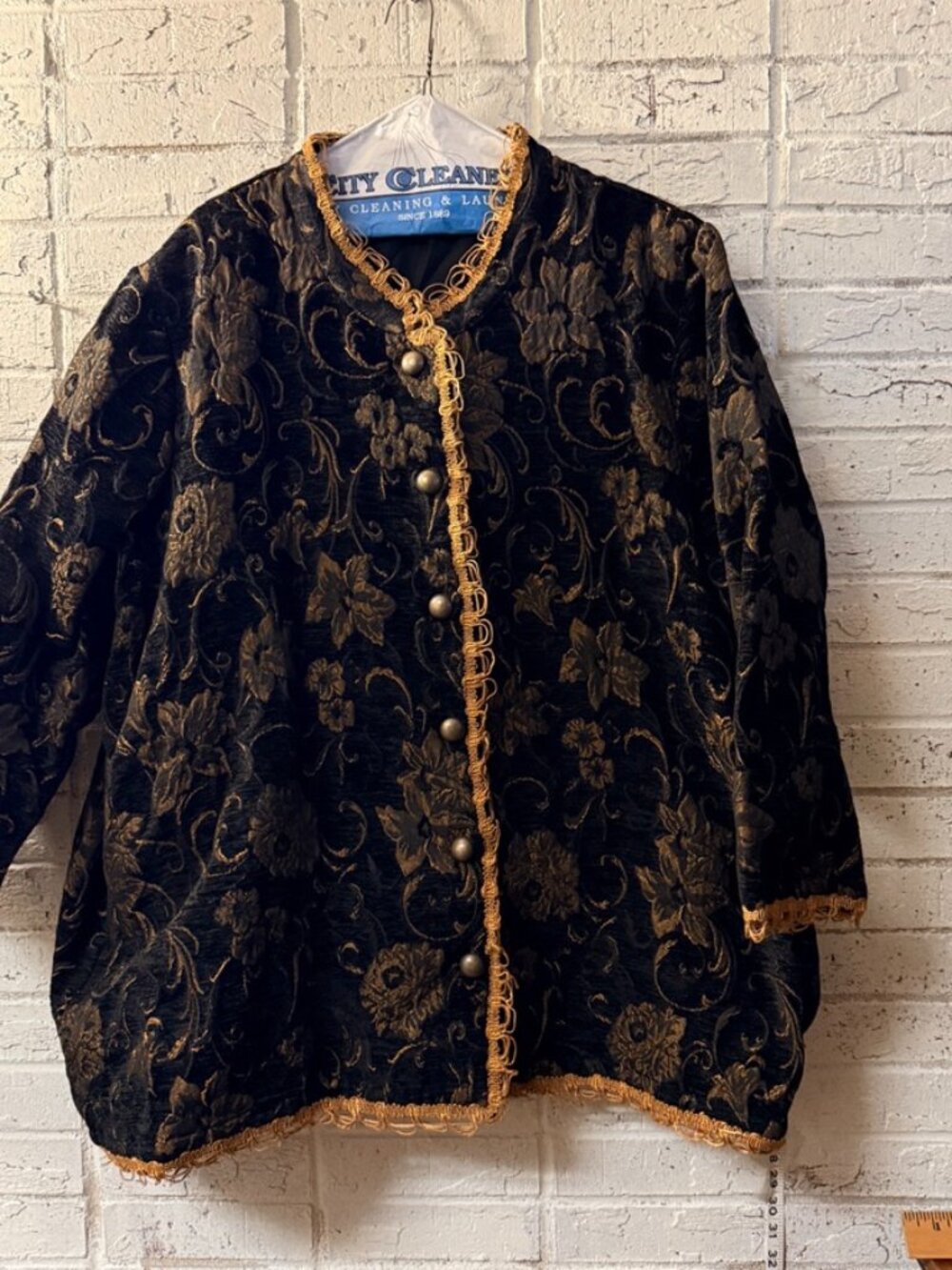 Ulla Popken 24/26 Black Gold Floral Brocade Jacket Metallic Trim Plus Size